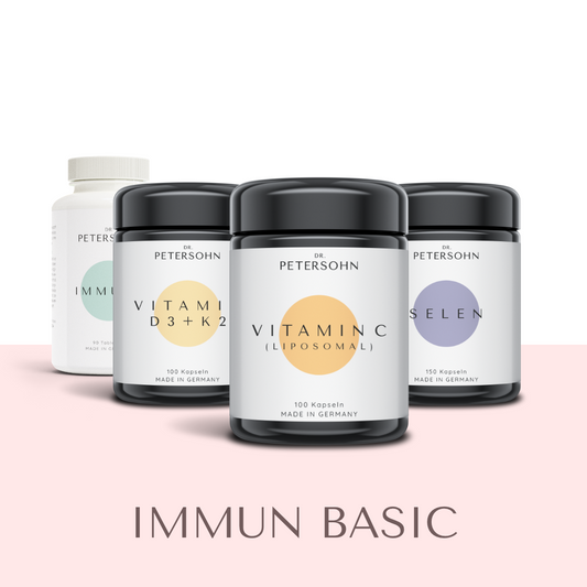 Produktpaket IMMUN BASIC von Dr. Petersohn, bestehend aus: VITAMIN C - IMMUN+ - VITAMIN D₃ + K₂ - SELEN