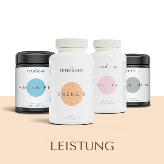 Produktpaket LEISTUNG von Dr. Petersohn, bestehend aus: AMINO-FIT - ENERGIE - AKTIV - MAGNESIUM