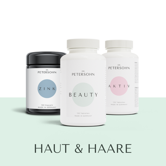 Produktpaket HAUT & HAARE von Dr. Petersohn setzt sich aus folgenden Einzelprodukten zusammen: AKTIV - BEAUTY - ZINK