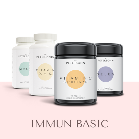 Produktpaket IMMUN BASIC von Dr. Petersohn, bestehend aus: VITAMIN C - IMMUN+ - VITAMIN D₃ + K₂ - SELEN