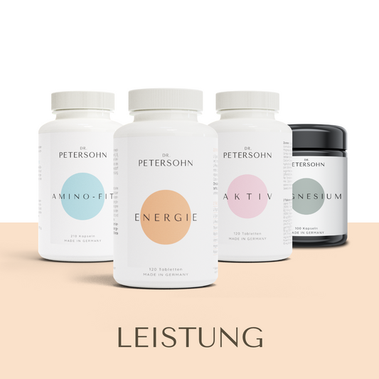 Produktpaket LEISTUNG von Dr. Petersohn, bestehend aus: AMINO-FIT - ENERGIE - AKTIV - MAGNESIUM